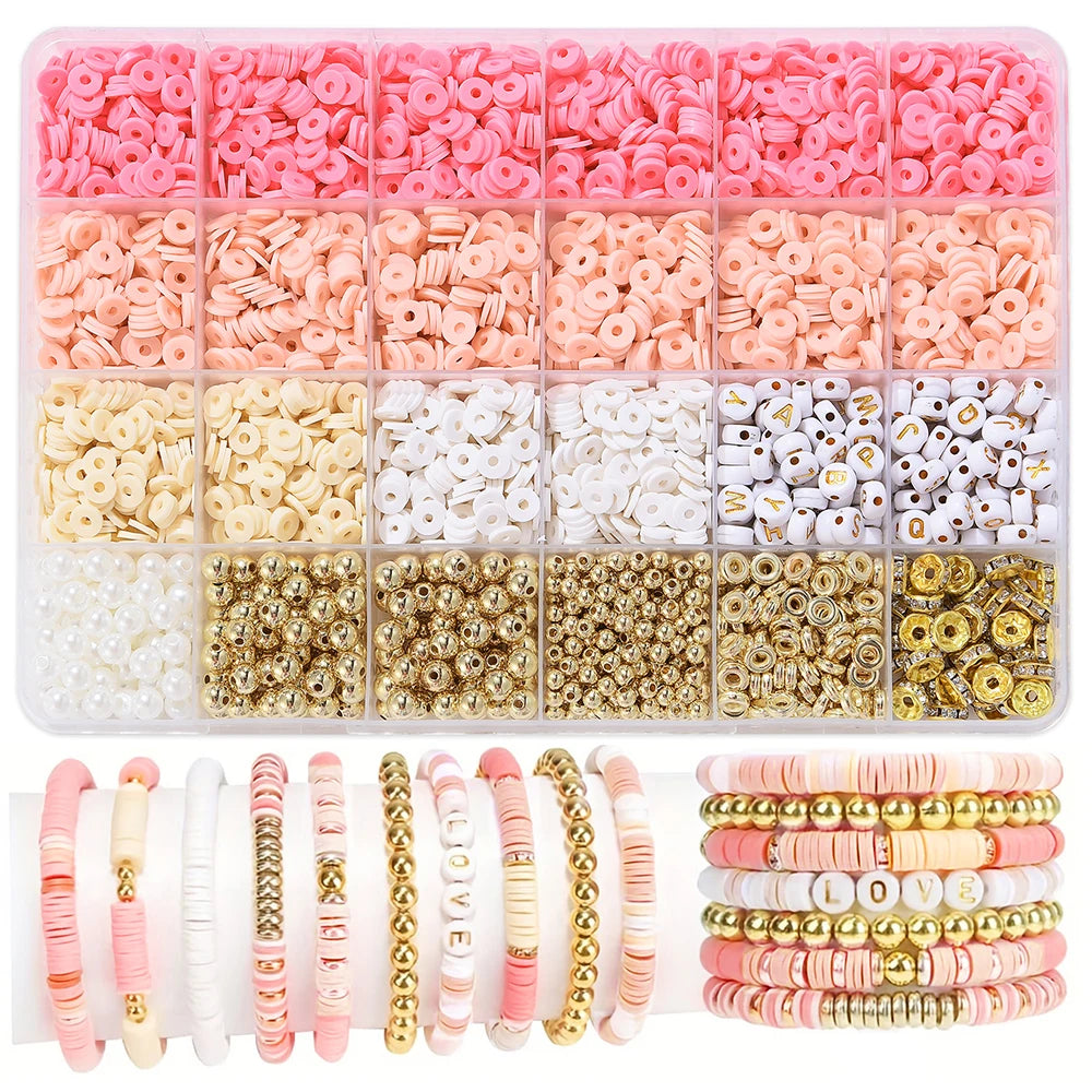 24 Colors 2400pcs Clay Beads Bracelet Making Kit Flat Beads For Jewelry Making With Letter Beads And Elastic Strings Crafts Gift