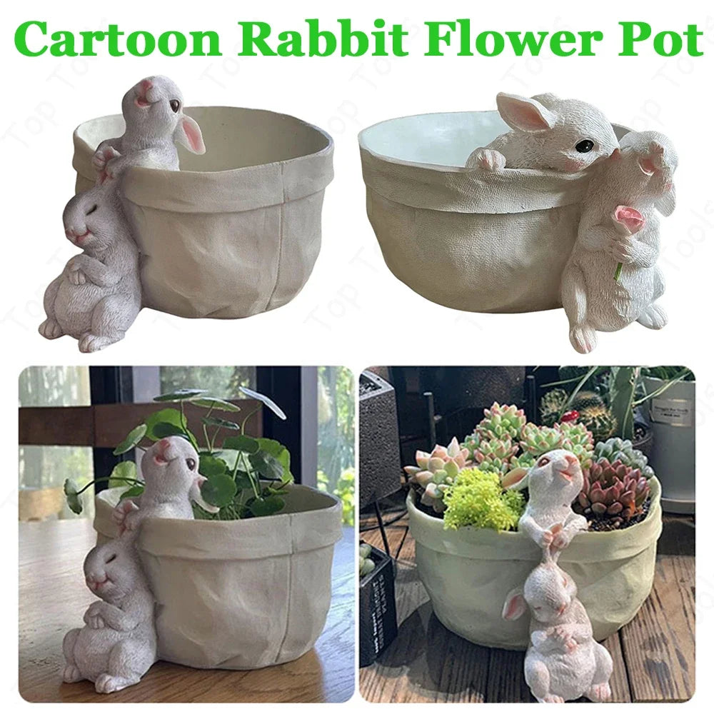 Creative Cartoon Rabbit Flower Pot Cute Bunny Succulent Plant Pot Garden Green Plant Resin Flower Basin For Yard Balcony Decor