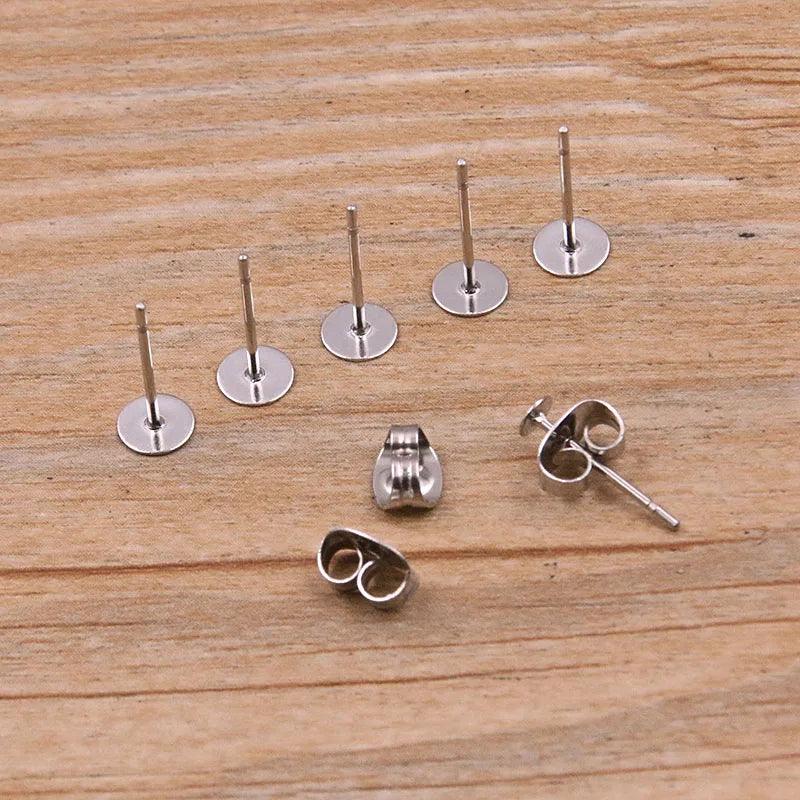 50-100pcs 2 Color Stainless Steel Earring Studs Blank Post Base Pins With Plug Findings Ear Back For DIY Jewelry Making