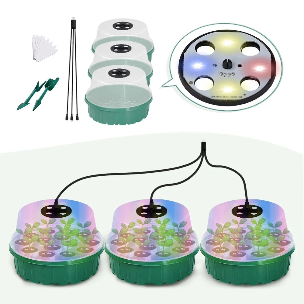 Greenhouse LED Lights Round Transparent Nursery Box kit 14 Cells Seedlings Germination Container A Growing Tool for Seedlings