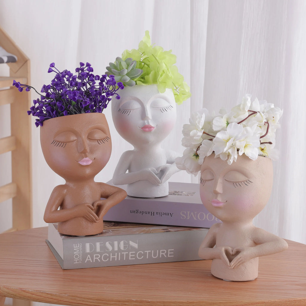 Girls Face Head Flower Planter Succulent Plant Flower Container Pot Flowerpot Home Decor Tabletop Ornament Garden Decoration
