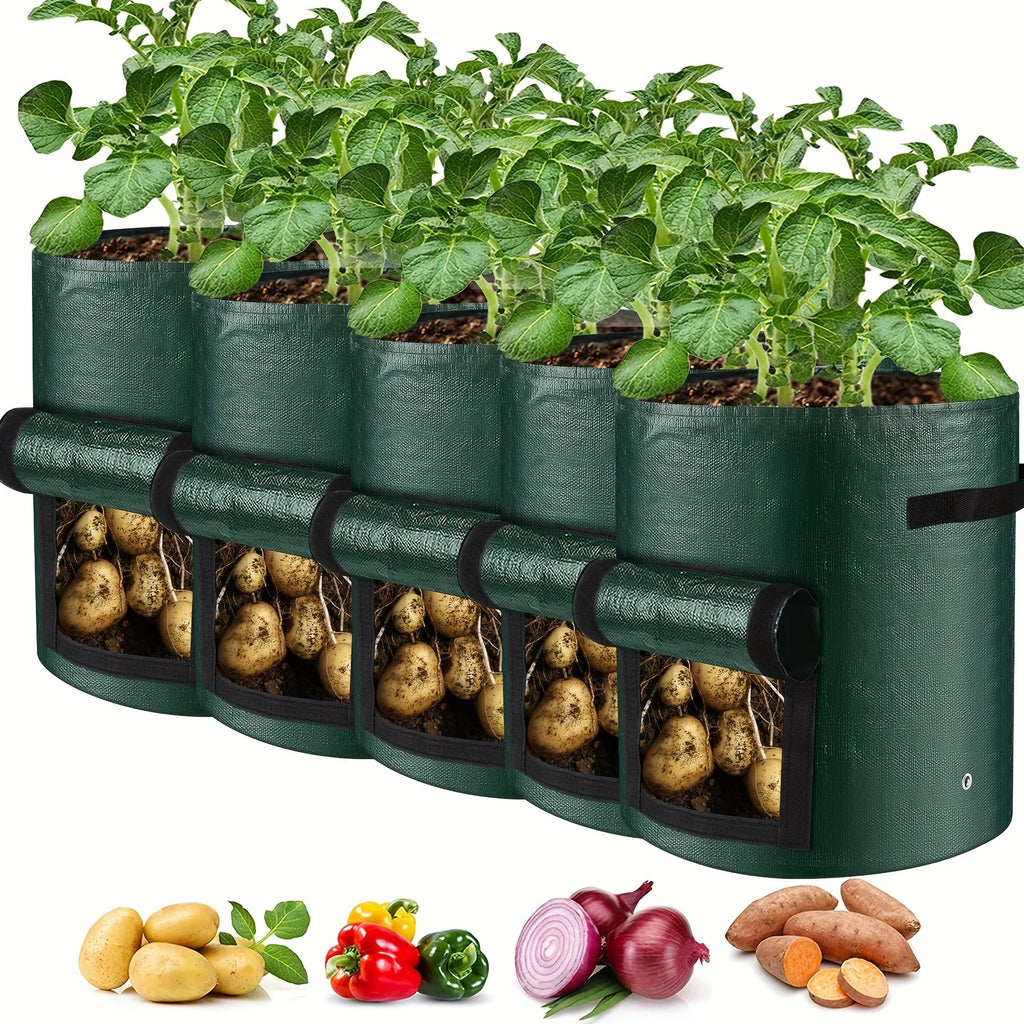 Heavy Duty 5pcs Aeration Fabric Pots - 7 Gallon/10 Gallon Garden Potato Grow Bags Vegetable Planter Bag for Tomato, Fruits