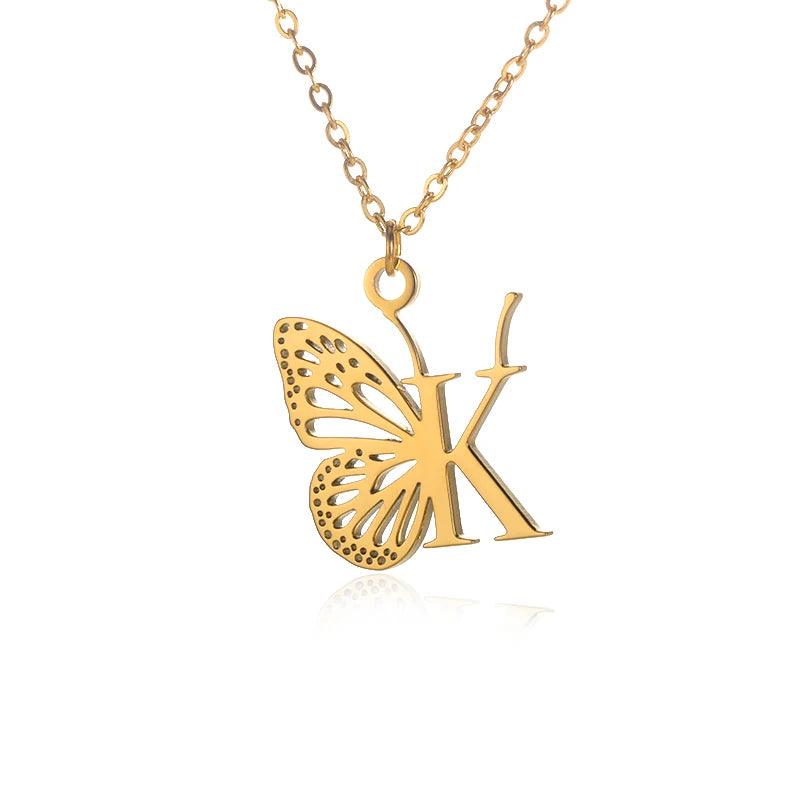 A-Z Initial Letter Collar Butterfly Necklace For Women Butterfly Jewelry Stainless Steel Alphabet Choker Necklace Female Gift