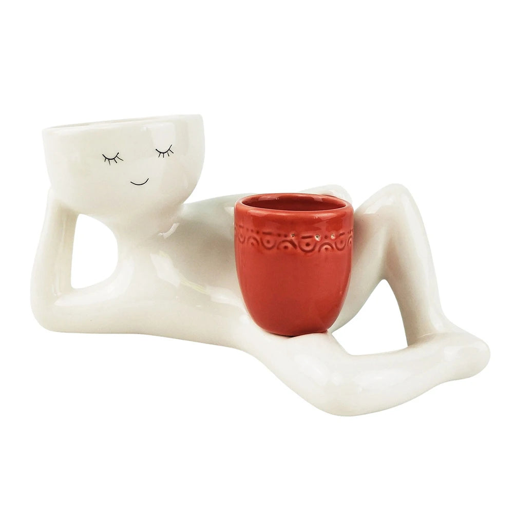 Relaxing Person Holding Pot Planter with Drainage Hole Kinky Planter Ornament Funny Succulent Pot for Succulents Cactus