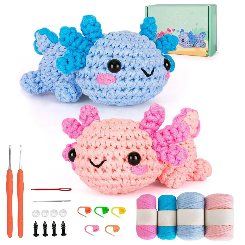 2pcs Axolotls Crochet Kit for Beginner, Beginner Crochet Kit for Women Men Complete Kit Included