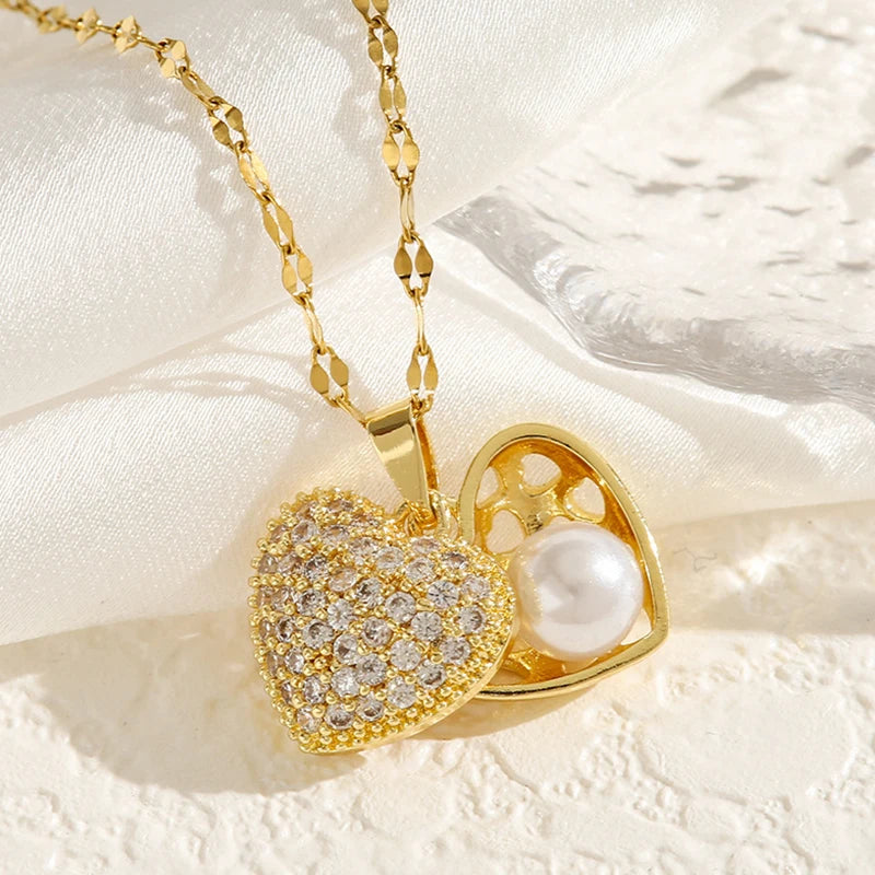 ZAKOL Trendy Heart Butterfly Pendant Necklaces For Women Girls Gold Color Crystal Jewelry Clavicle Chain Choker Jewelry Gifts