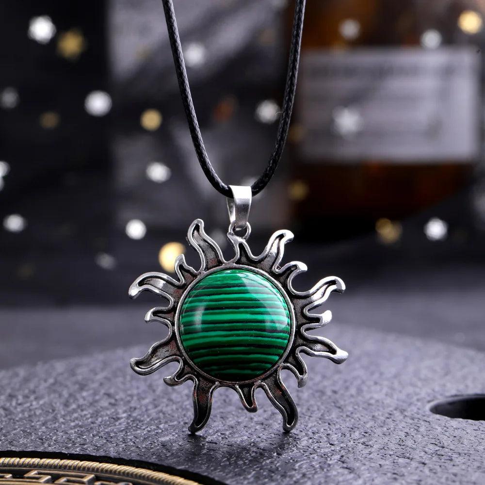 Fashion Natural Gem Stone Quartz Crystal Tiger-eye Plated Silver Alloy Sun Pendant Jewelry Making Accessories Sun Necklace Gift
