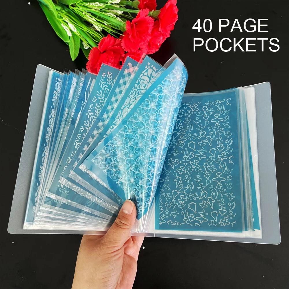 40Pockets Folder Book with Plastic Sleeves, Presentation Book for Silk Screen Stencil for Polymer Clay Storage Booklet Stamp