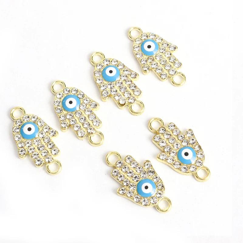 10pcs Rhinestones lnlaid Hamsa Hand Evil Eye Design Enamel Connectors Turkish Style Double Hanging Pendant For DIY Lucky Jewelry