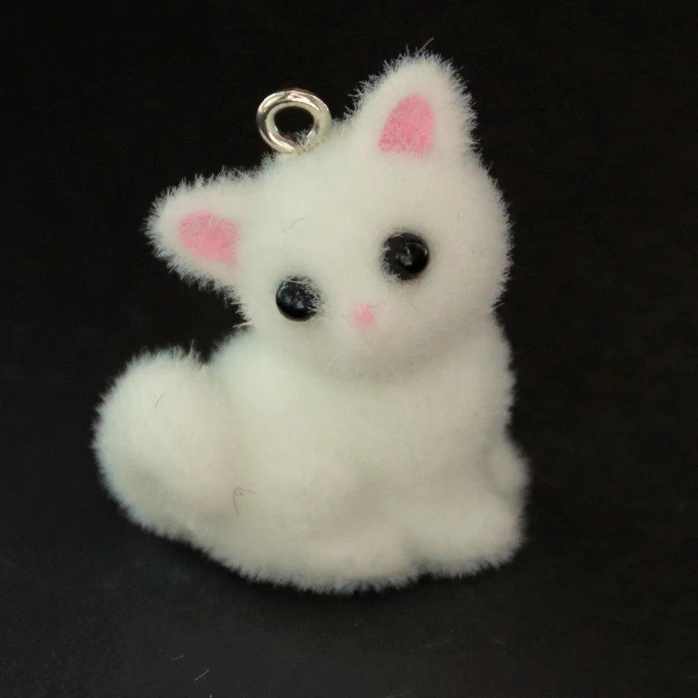 10pcs 3D Fluffy Flocking Animal Pendant Charms Kawaii Plush Cat Rabbit Rat Bear DIY Jewelry Crafts Make Keychain Miniature Doll