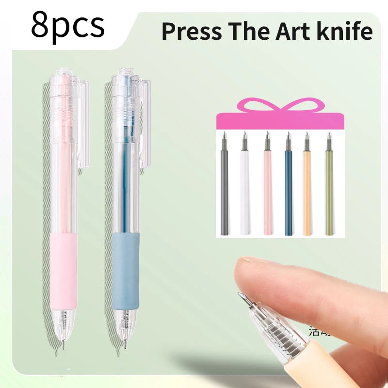 8pcs Press Art Utility Knife Pen Knife Paper Cutting Tool Craft Tools Scrapbooking Precision Sticker Cutter DIY School Supplies