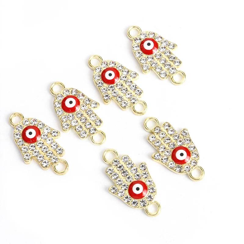 10pcs Rhinestones lnlaid Hamsa Hand Evil Eye Design Enamel Connectors Turkish Style Double Hanging Pendant For DIY Lucky Jewelry