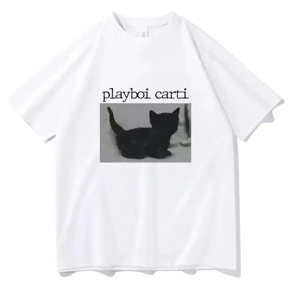 Playboi Carti Cute Cat Harajuku Print Oversized Hip-Hop T Shirts for Men and Women Cotton O-Neck Short Sleeve Tops