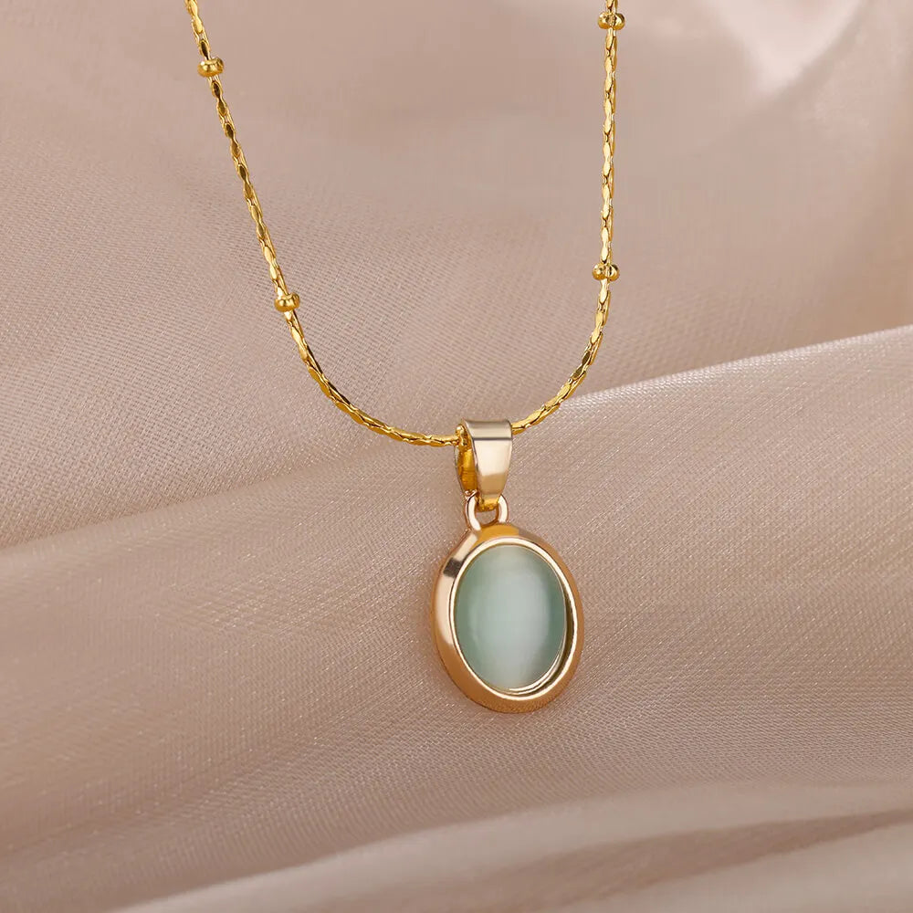 Oval Opal Pendant Necklace For Women Gold Plated Stainless Steel Bead Chains Necklaces 2022 Trend Wedding Jewelry collares mujer