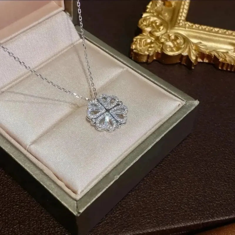 New Fashion Double Wear Magnet Four Heart Flower Pendant Necklace For Women Sweet Sexy Female Stainless Steel Neck Chain Jewelry