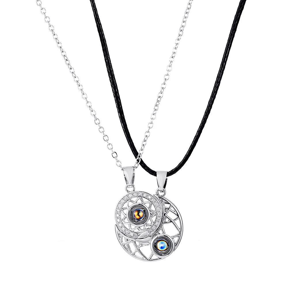 2PCS Magnetic Couple Matching Necklace 100 Languages I Love You Projection Sun Moon Heart Shape Magnet Paired Pendant Lover Gift