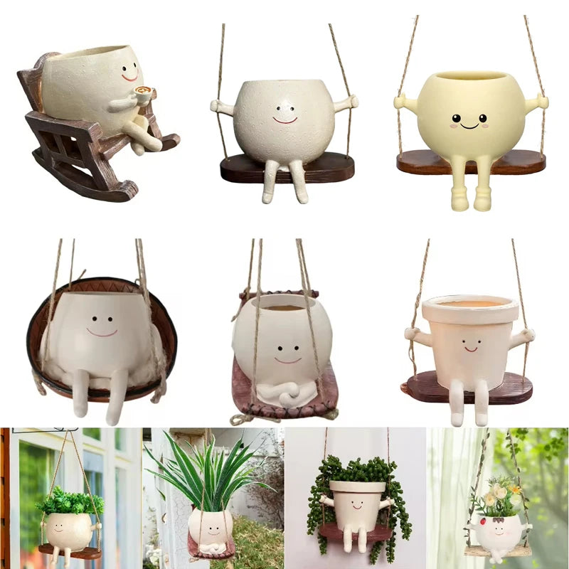 Creative Rocking Chair/Swing Face Succulent Planter Cute Resin Head Planters Home Garden Supplies for Indoor Outdoor Plants