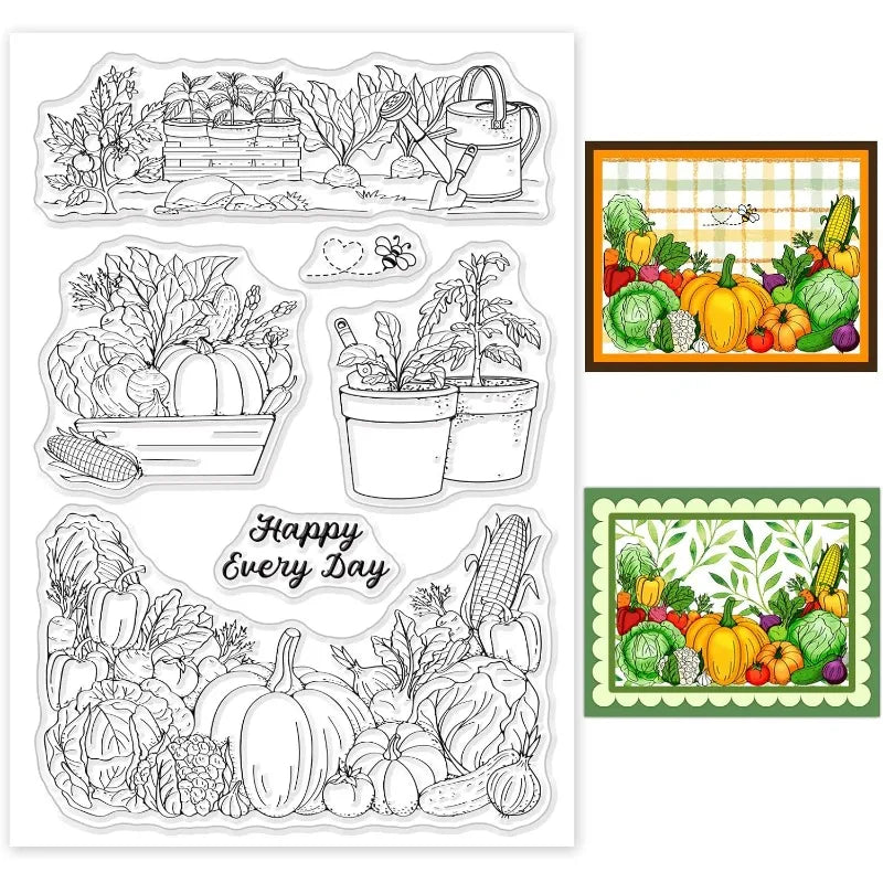 1pc Autumn Thanksgiving Harvest Clear Stamp, Happy Every Day Harvest Pumpkin Corn Cabbage Fall PVC Stamps 6.3x4.3" 3mm Thick