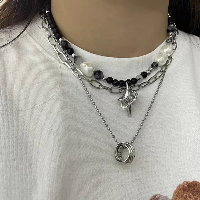 Kpop Cross Star Beaded Necklace for Men Unisex Hiphop Imitation Pearl Star Pendant Necklaces Women Y2K Punk Tassel Necklace