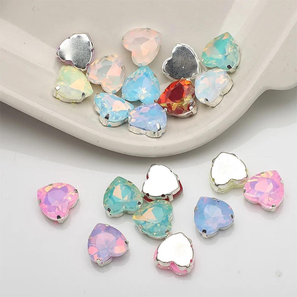 10Pcs 14mm Crystal Glass Love Heart Beads Glitter Flatback Silver Claw Rhinestone Crafts Jewelry DIY Making Garment Accessories