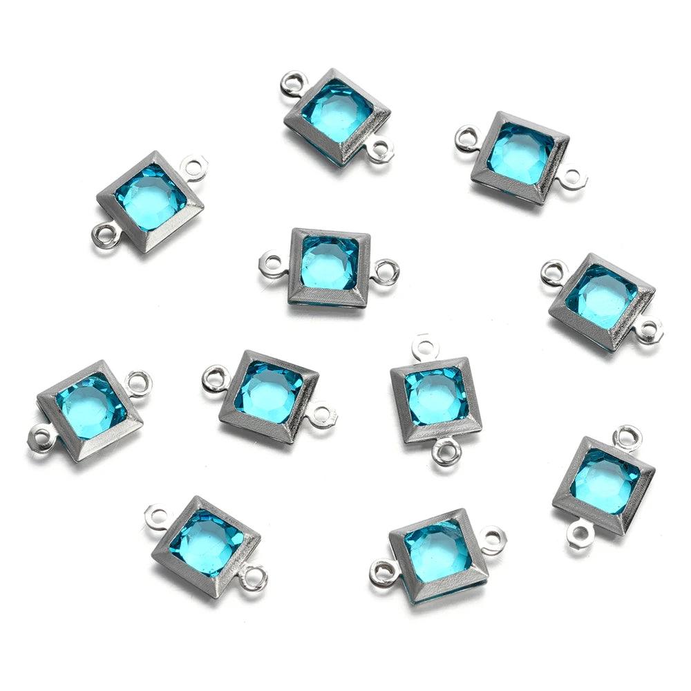 10pcs Stainless Steel Double Holes Square with Rhinestones Bracelet Necklace Pendant Connectors for DIY Jewelry Making Supplies