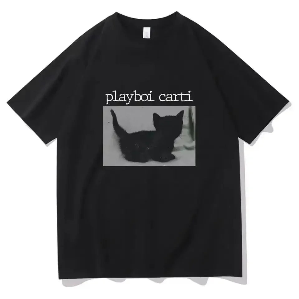 Summer Playboi Carti Oversized Hip-Hop T-Shirt Cute Cat Harajuku Print Regular Fit Mens Tee Quality Rapper Jogging Top