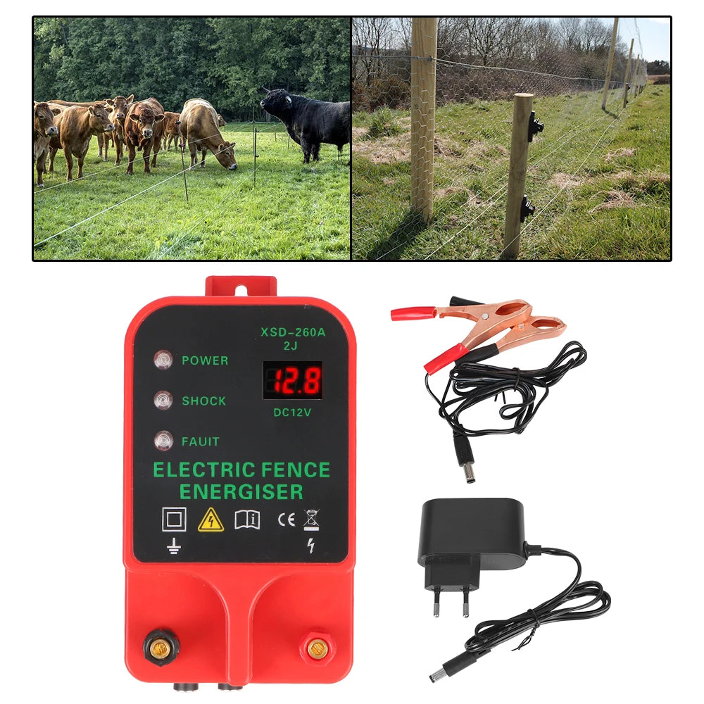Voltage Display Electric Fence Energizer LCD 10KM Waterproof High-decibel Alarm Livestock High Voltage Pulse Controller