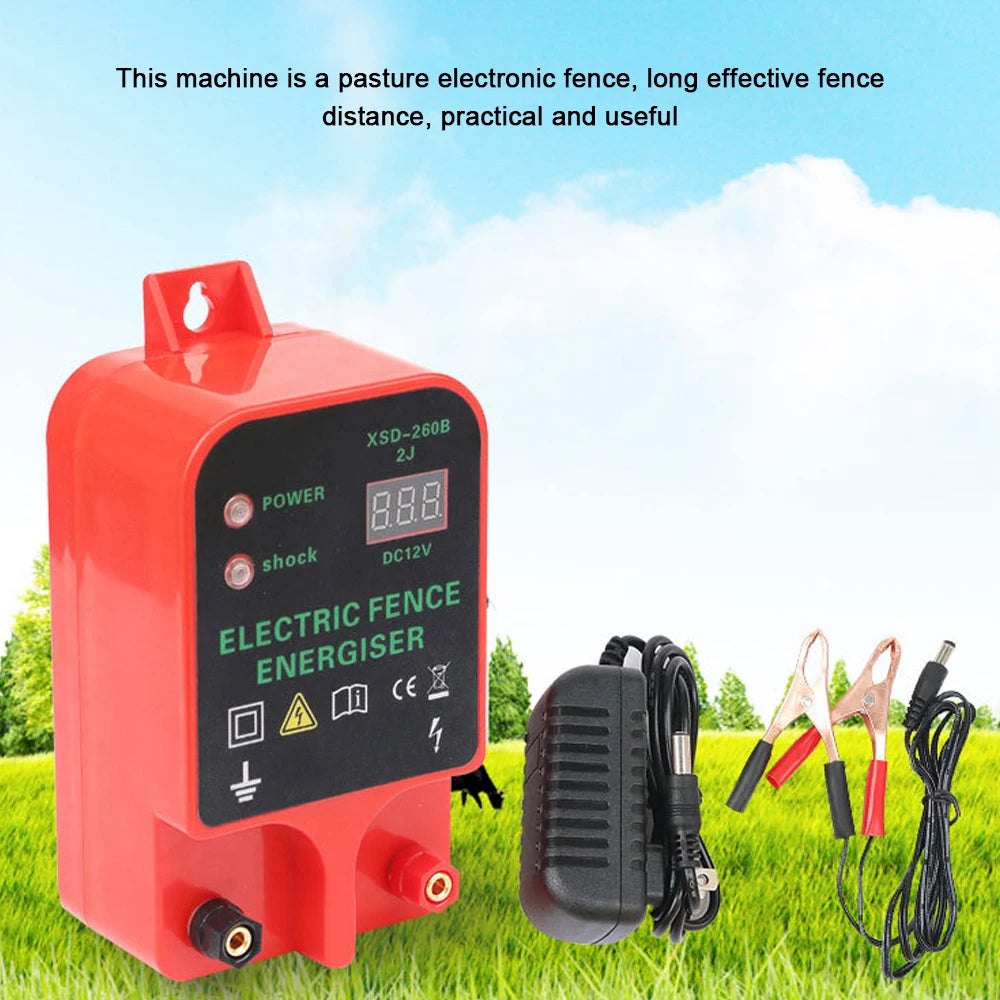 Livestock High Voltage Pulse Controller Electric Fence Energizer LCD Voltage Display High-decibel Alarm 10KM Waterproof