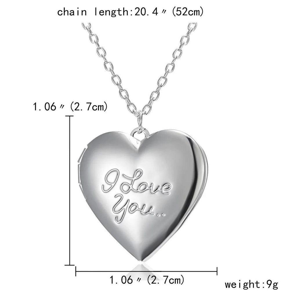 Silver Color Love Heart Photo Frame Pendant Necklace For Women I Love You Flower Pattern Heart Openable Locket Necklace Jewelry
