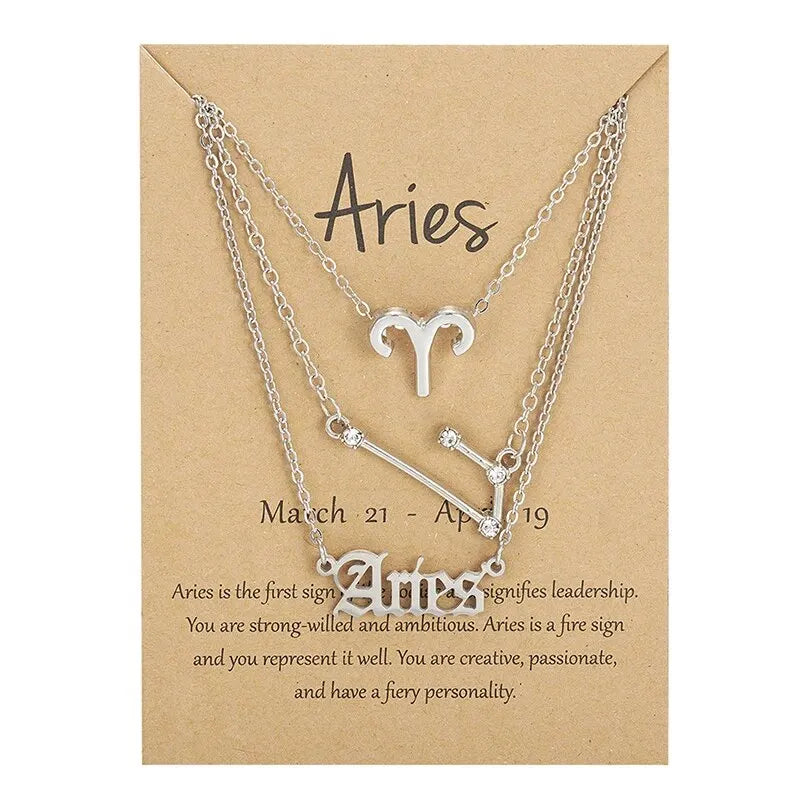 3Pcs 12 Zodiac Sign Necklace Set For Women Constellation Pendant Gold Silver Color Chain Female Birthday Jewelry With Cardboard