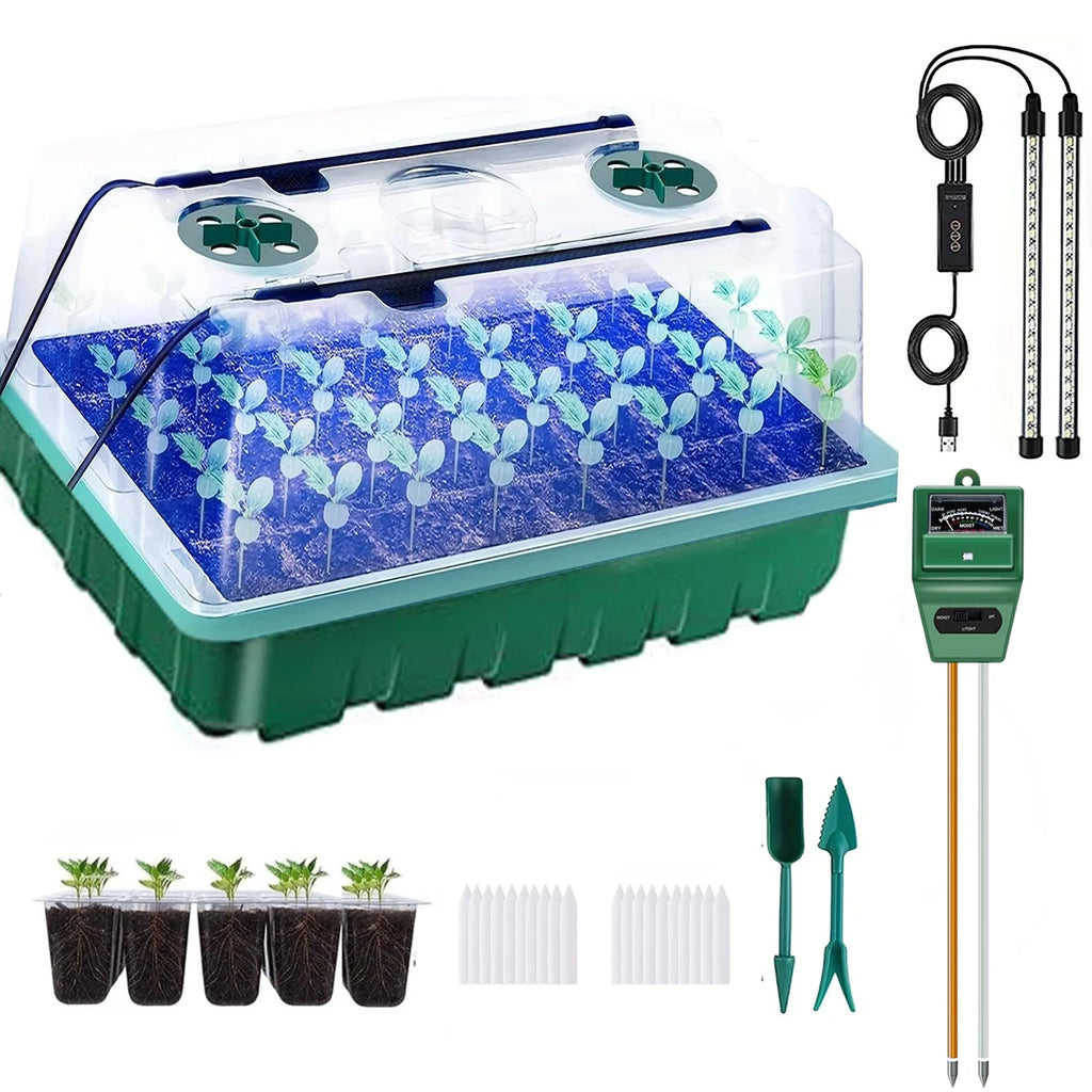 Seed germination tray with grow light, 48-cell seed germination kit, with soil detector, adjustable light, and automatic timer.