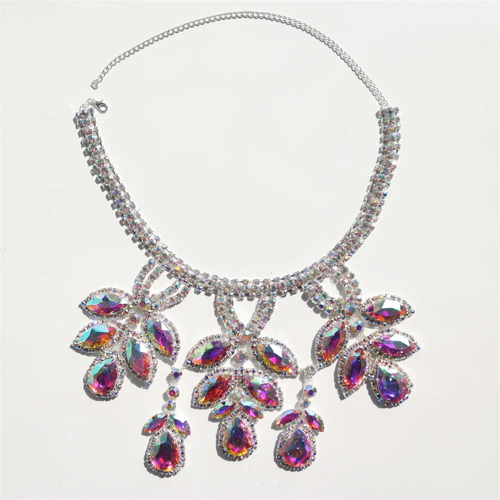 Exaggerated AB Crystal Pendant Large Necklace Women's Luxury Shiny Bridal Wedding Party Rhinestone Jewelry Necklace Accessories