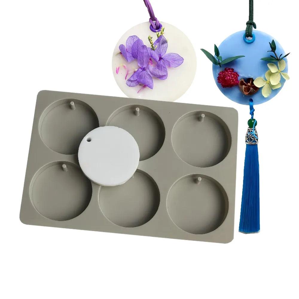 DIY 6 Holes 2.3in Round Clay Aromatherapy Tablets Silicone Mold Crafts Hanging Ornaments Wax Molds Circular Flower Soap Mould
