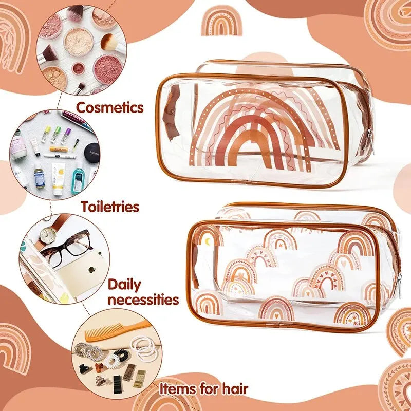 2Pcs Autumn Boho Rainbow Clear PVC Sewing Tool Storage Bags Stylish Brown Cosmetic Toiletry Bag with Zipper Portable Organizer