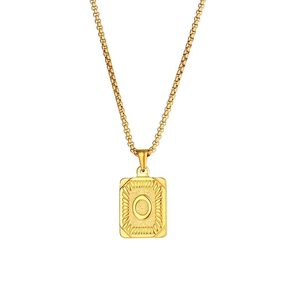 2023 New Stylish Square Pendant Necklace Men's Stainless Steel Gold Plated Letter Necklace Initial Necklace For Women
