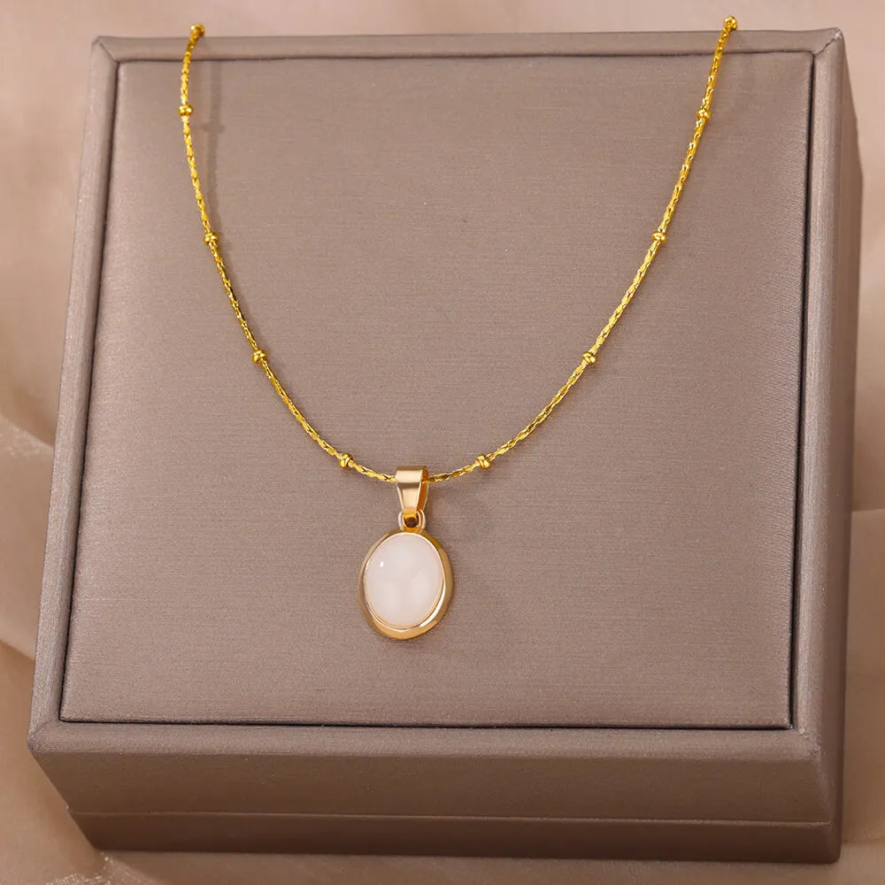 Oval Opal Pendant Necklace For Women Gold Plated Stainless Steel Bead Chains Necklaces 2022 Trend Wedding Jewelry collares mujer