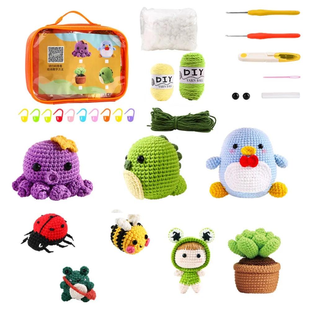 Beginner DIY Crochet Kit Set with Instructions Handmade Knitting Wool Animal Toy Octopus Doll Bee Ladybug Dinosaur Kids Gift