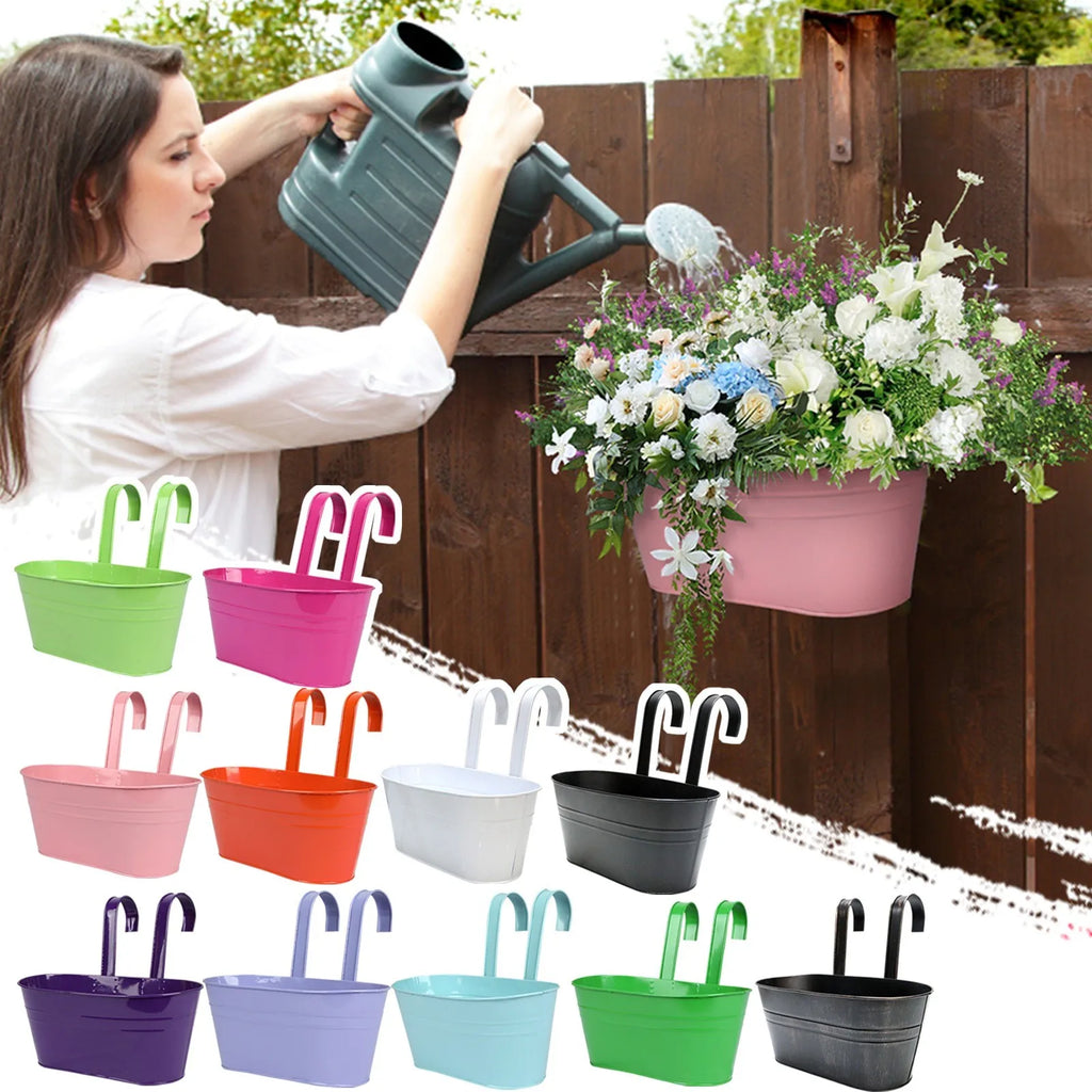 Outdoor Plants Planter Black Metal Iron Hanging Flower Pots Decks Railings Fence Buckets Modern Boho Style Wall Mount Window Box