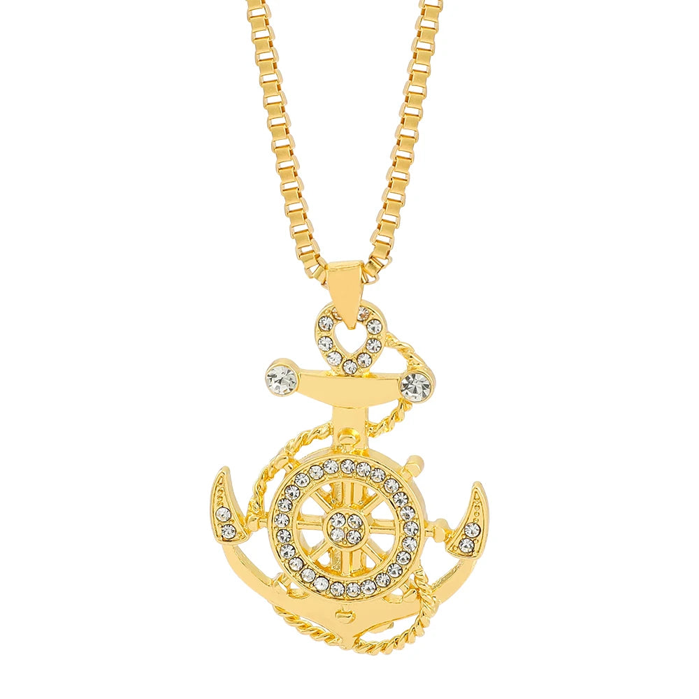Hip Hop Iced Out Sea Anchor Pirate Skull Pendant Necklace For Women Men Long Chain Creative Party Jewelry Accessories Gift