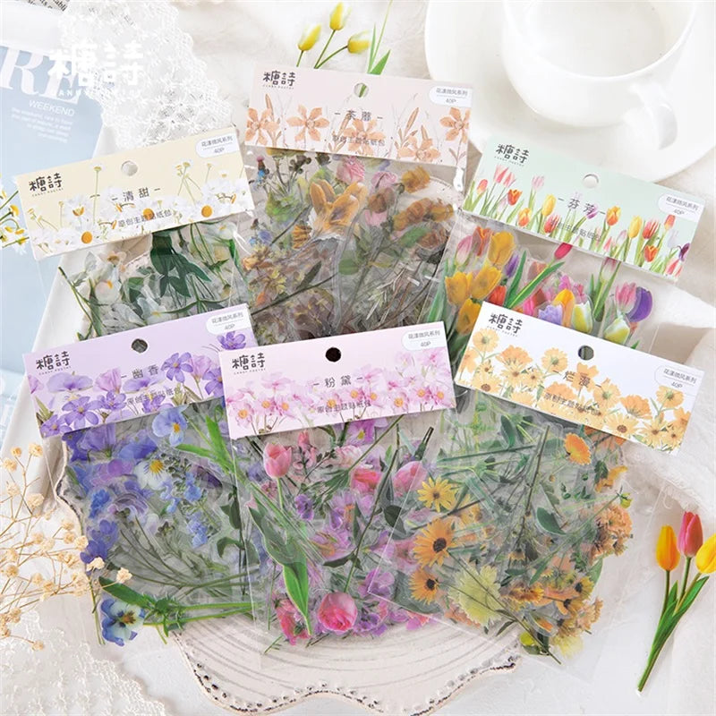 JIANQI Flowers Sticker pack 40pcs Fresh Flower Plant Transparent Waterproof daisy hand account Decoration Scrapbooking material