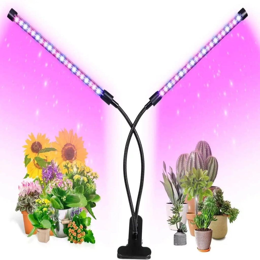 Two-Head Clip Plant Growth Light, with 3/6/12-hour Cyclic Timer, Adjustable Gooseneck, and 5-level Brightness Adjustment