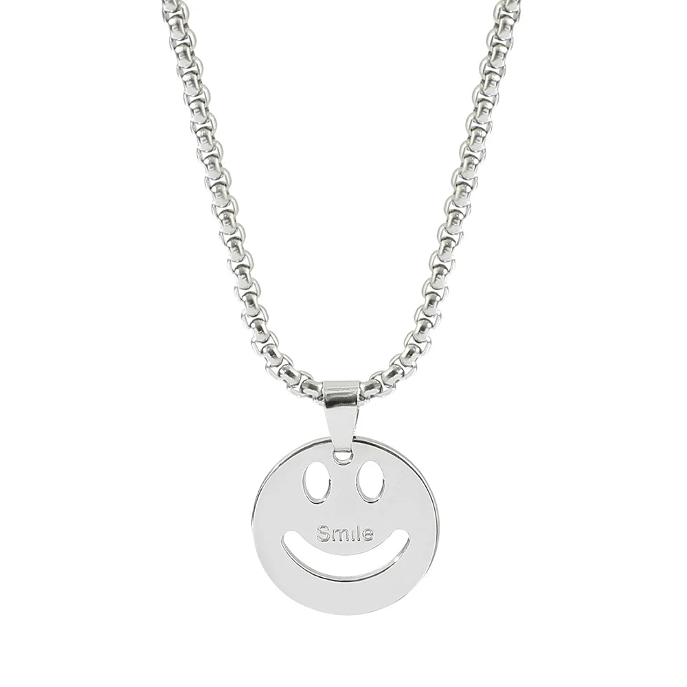 Titanium Steel Round Smiley Face Pendant Necklace Korean Style Long Sweater Chain Unisex Trendy Hip Hop Jewelry Accessories
