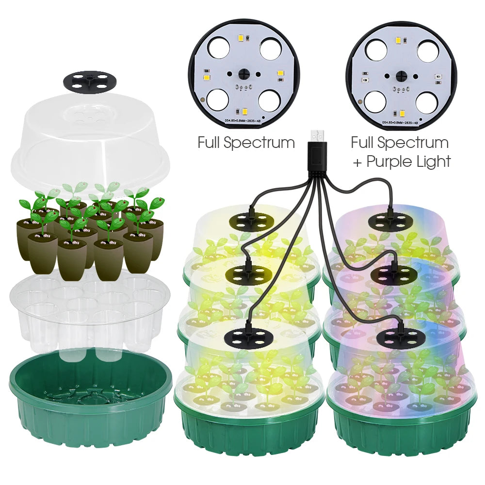 Round Seed Starter Tray with Full Spectrum LED Grow Lights 14-Cell Seedling Plant Growing Garden Propagator Humidity Vented Dome
