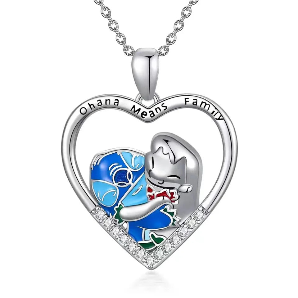 Blue Cartoon Heart Stitch Necklace Earrings Silver Plated Pendant Inspired Gifts Ohana Family Jewelry for Women Girls