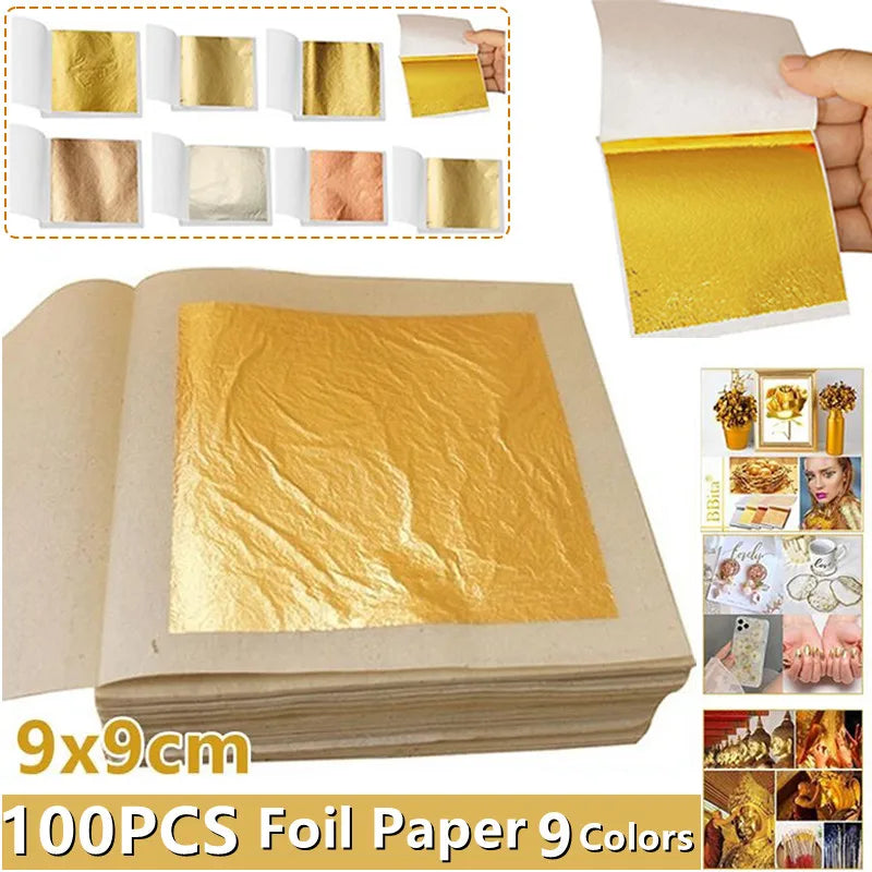 100PCS Imitation Gold Silver Foil Paper Leaf Gilding For DIY Art Craft Nail Resin Birthday Party Wedding Decorations 9x9cm