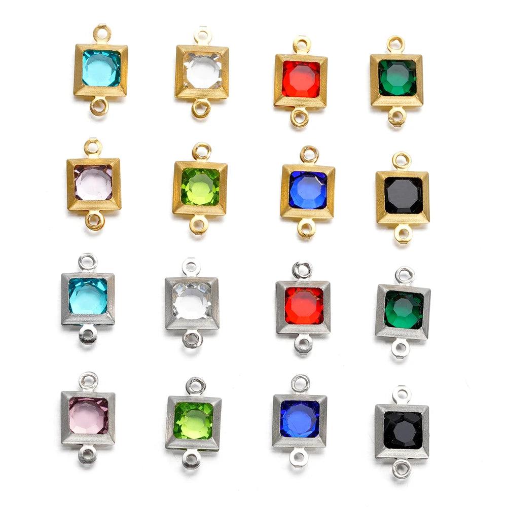 10pcs Stainless Steel Double Holes Square with Rhinestones Bracelet Necklace Pendant Connectors for DIY Jewelry Making Supplies