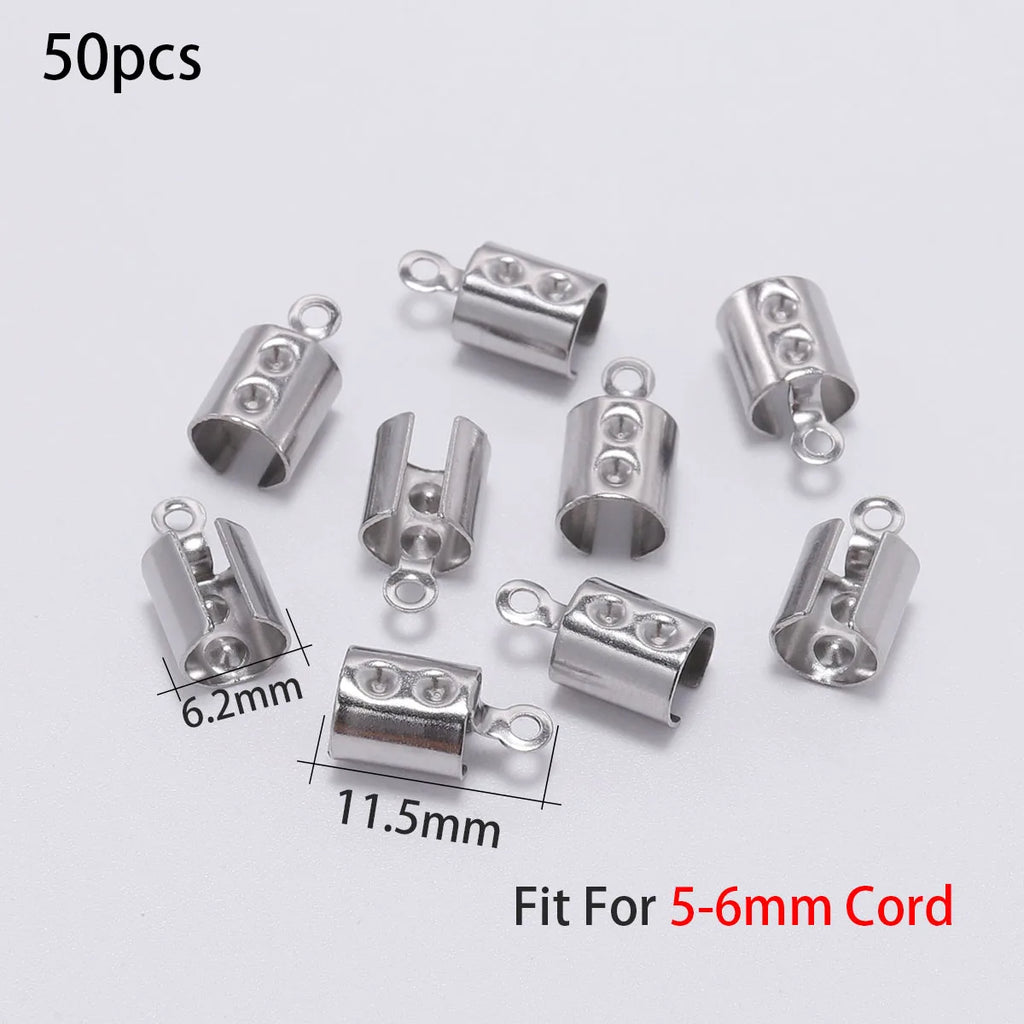 30/50pcs Stainless Steel Gold Rope Cords Crimp End Bead Caps Leather Clip Tip Fold For DIY Bracelet Necklace Jewelry Making