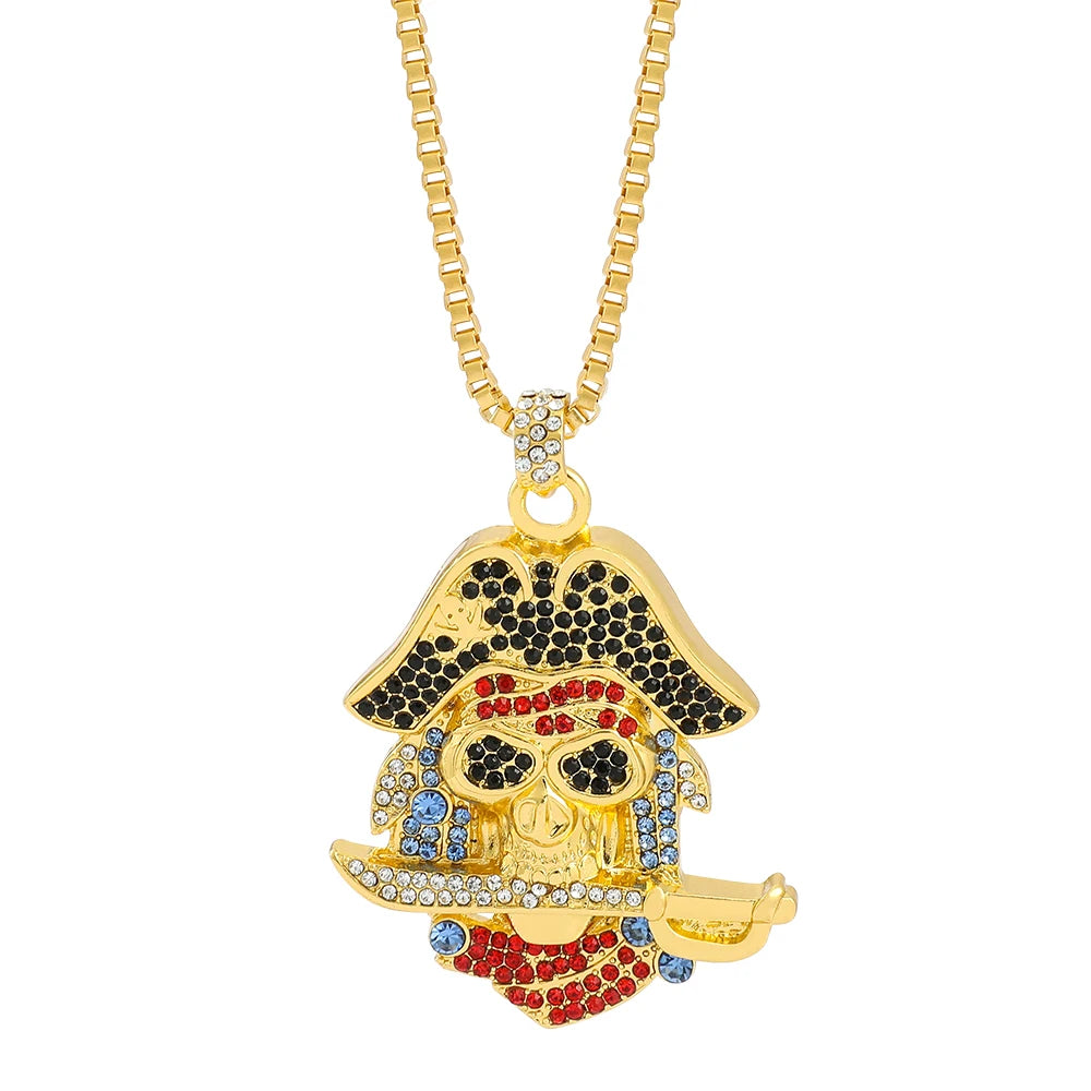 Hip Hop Iced Out Sea Anchor Pirate Skull Pendant Necklace For Women Men Long Chain Creative Party Jewelry Accessories Gift