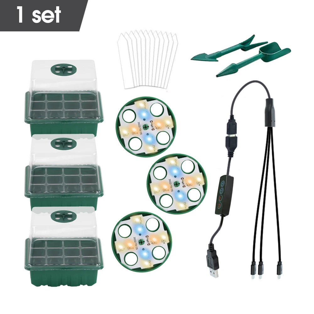LED Grow Light Nursery Box Plant FlowerSeed Starter Trays Home Greenhouse Growing Lamp 12Cell Seedling Pots Timer Kit Controller