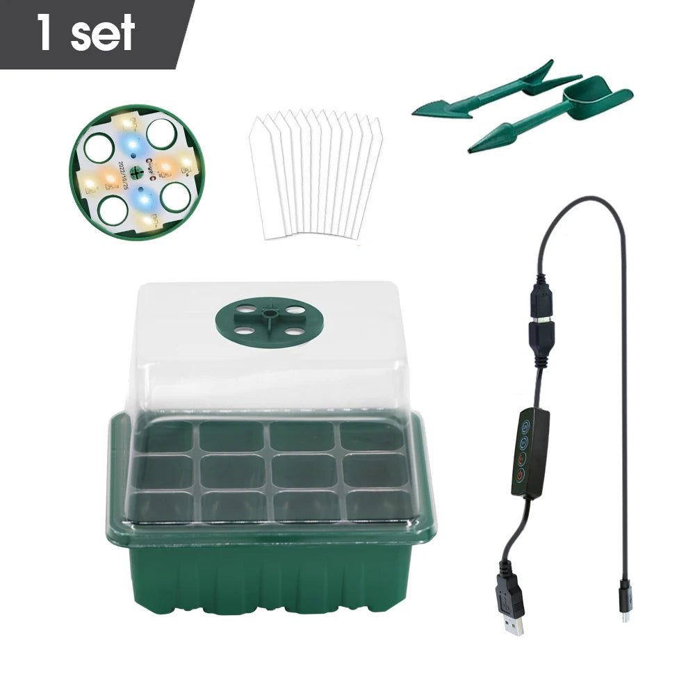 LED Grow Light Nursery Box Plant FlowerSeed Starter Trays Home Greenhouse Growing Lamp 12Cell Seedling Pots Timer Kit Controller